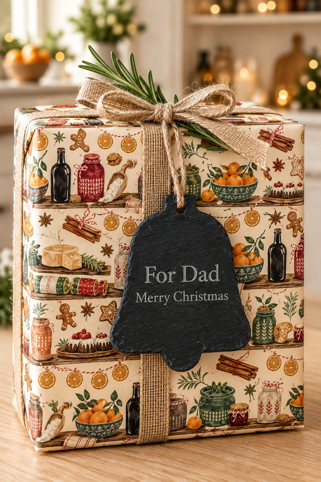 Blank bell-shaped slate gift tag in natural charcoal grey with a rustic rope loop for attaching to Christmas presents.