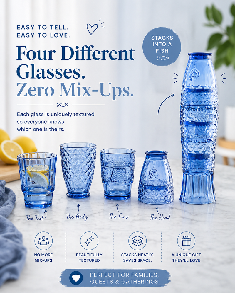 Set of blue textured glasses and a carafe on a table with text highlighting features.