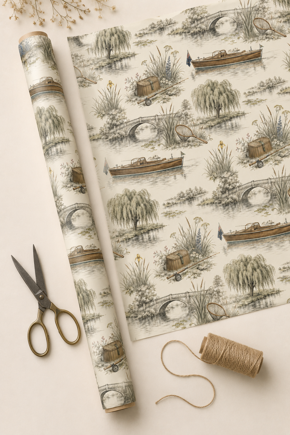 Fishing gift wrap with wooden tender boat, bridge and rural riverbank details.