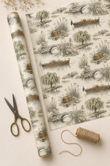 Fishing gift wrap with wooden tender boat, bridge and rural riverbank details.