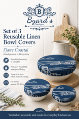 Set of 3 reusable Fjære Coastal linen bowl covers, hand printed in Derbyshire with a coastal design inspired by shoreline huts and beached boats. Made with a 100% linen outer and lined with ProCare® FoodSAFE waterproof fabric. Designed as a reusable alternative to cling film and disposable wraps for covering leftovers, salads, fruit bowls, prep bowls and rising dough.