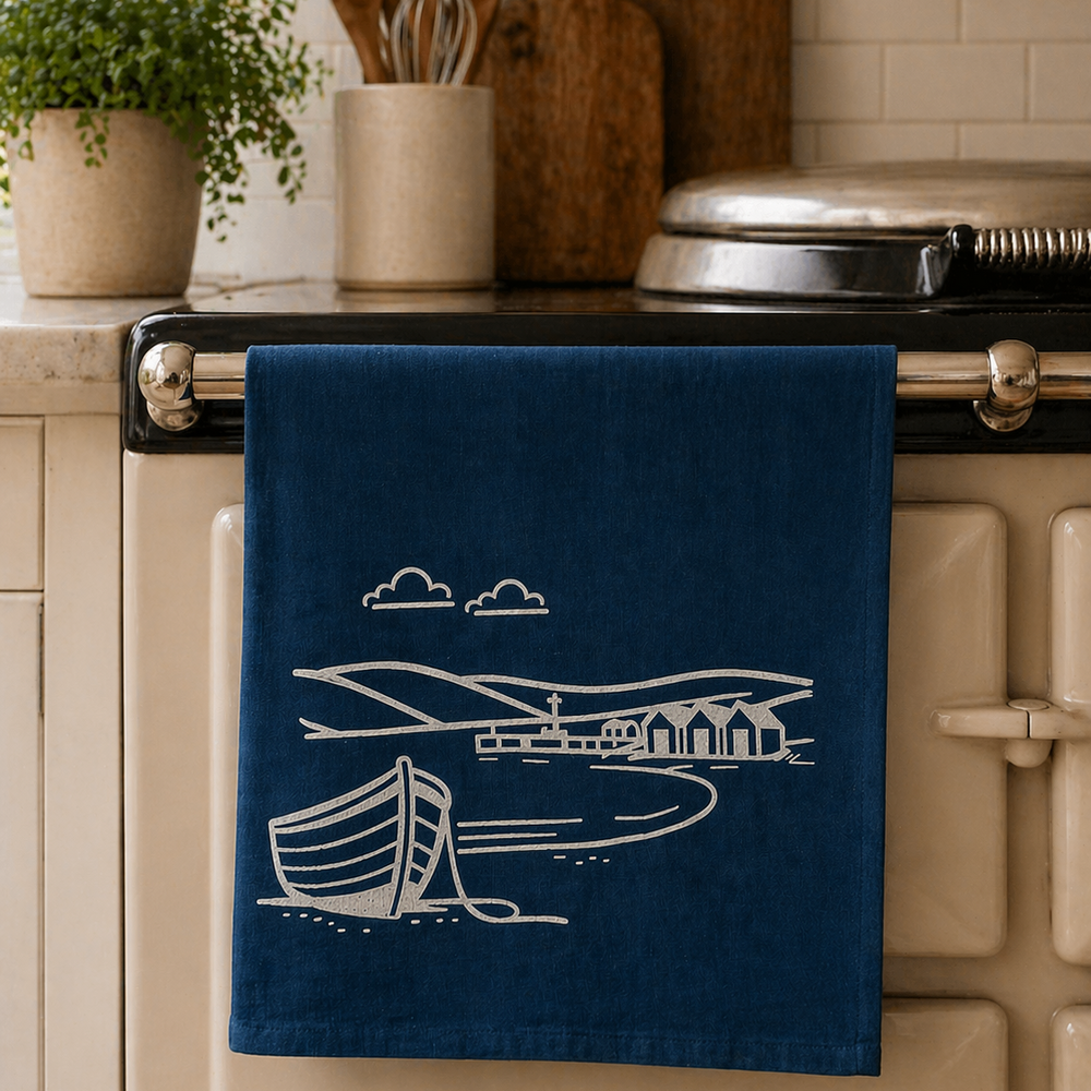 Set of 2 navy linen tea towels with white Fjære coastal design. Hand printed.