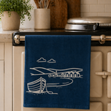 Set of 2 navy linen tea towels with white Fjære coastal design. Hand printed.
