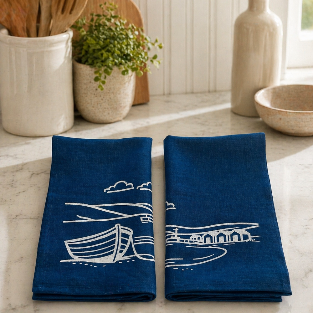 Set of 2 navy linen tea towels with white Fjære coastal design. Hand printed.
