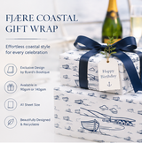 Fjäre Coastal gift wrap with nautical designs on a boat-themed background.