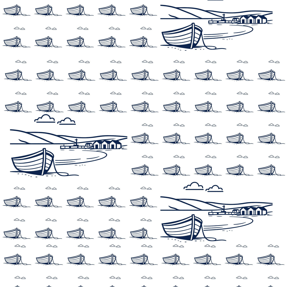 Fjære Wrapping Paper Collection of blue and white line drawings of boats and landscapes.