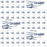 Fjære Wrapping Paper Collection of blue and white line drawings of boats and landscapes.
