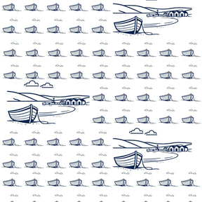 Fjære Wrapping Paper Collection of blue and white line drawings of boats and landscapes.