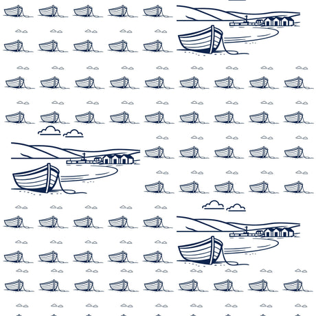 Fjære Wrapping Paper Collection of blue and white line drawings of boats and landscapes.
