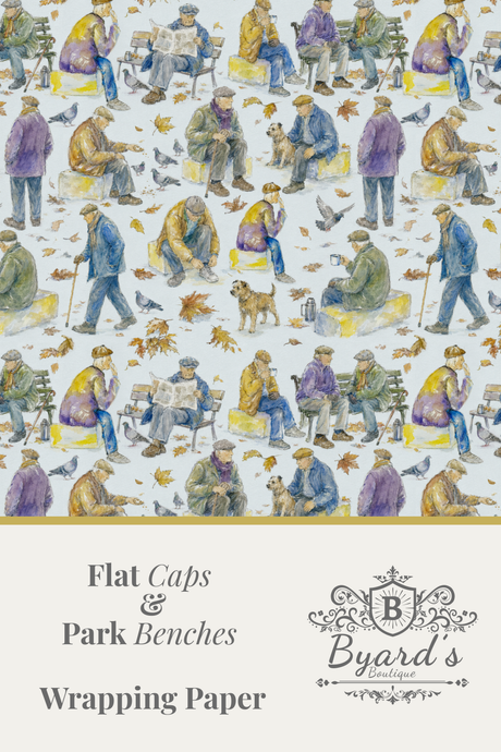 Flat Caps & Park Benches wrapping paper featuring a vintage watercolour illustration pattern of park scenes with men with flat caps, dogs, and birds on a white background. 'Flat Caps & Park Benches Wrapping Paper' 