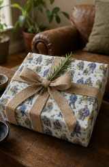 A gift box wrapped in colourful Flat Caps & Park Benches Wrapping Paper wrapping paper with a blue and purple and mustard colours on white, tied with a rustic burlap ribbon and a green pine sprig, set on a wooden table in a cozy living room.