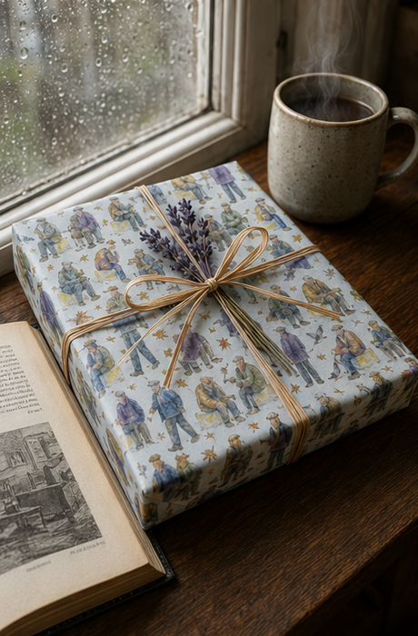 A wrapped gift box with a gift box wrapped in colourful Flat Caps & Park Benches Wrapping Paper wrapping paper with a blue and purple and mustard colours on white in a vintage-style illustration pattern sits on a wooden windowsill next to an open book and a steaming mug. The gift is tied with a natural twine bow and decorated with a sprig of lavender.