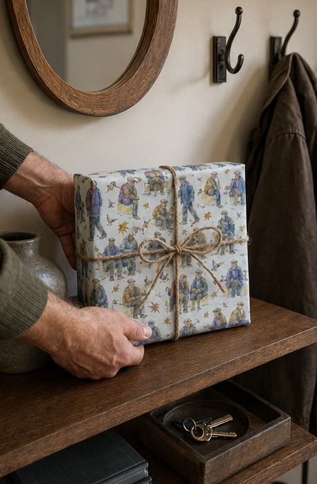 A gift box wrapped in colourful Flat Caps & Park Benches Wrapping Paper wrapping paper with a blue and purple and mustard colours on white, tied with a natural jute twine bow, held by hands on a rustic wooden shelf.