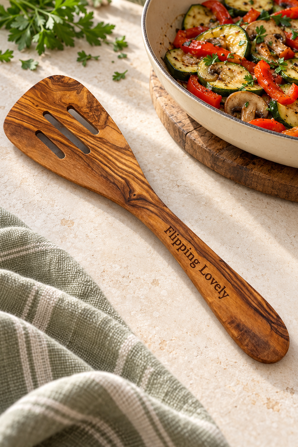 Olive wood spatula showing “Dad’s Kitchen” laser engraved along the handle, resting on natural linen.