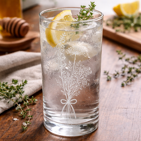 Clear glass with floral etching, lemon slice, and ice cubes on a wooden table.