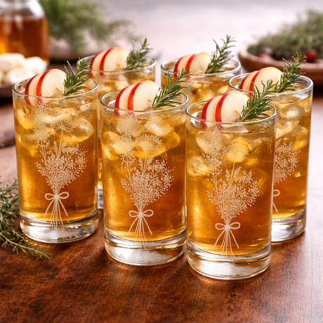 Set of glasses with decorative iced tea, apples, and rosemary on a wooden surface.
