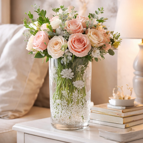 floral arrangements in glass vases etched with floral design