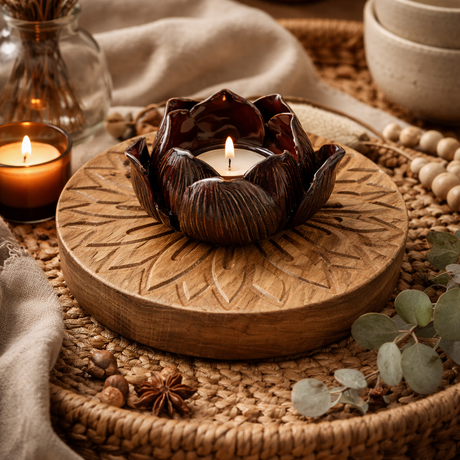 Decorative candle holder with a candle on a wooden surface, surrounded by natural elements.