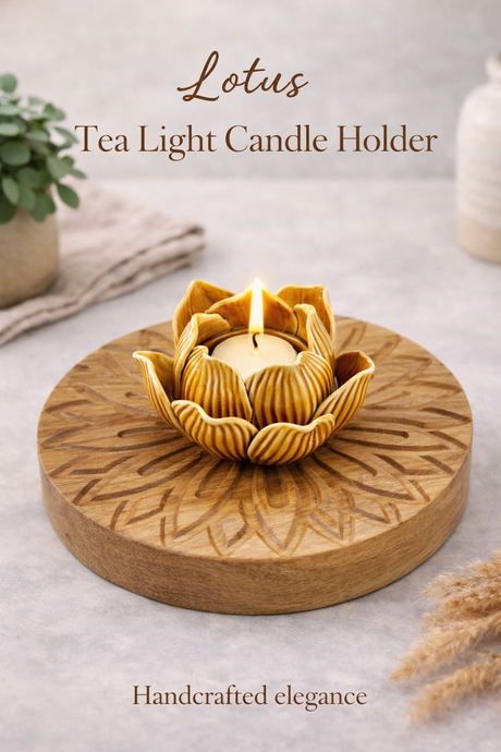 Lotus tea light candle holder with a lit candle on a textured surface, featuring the brand 'Lotus'.