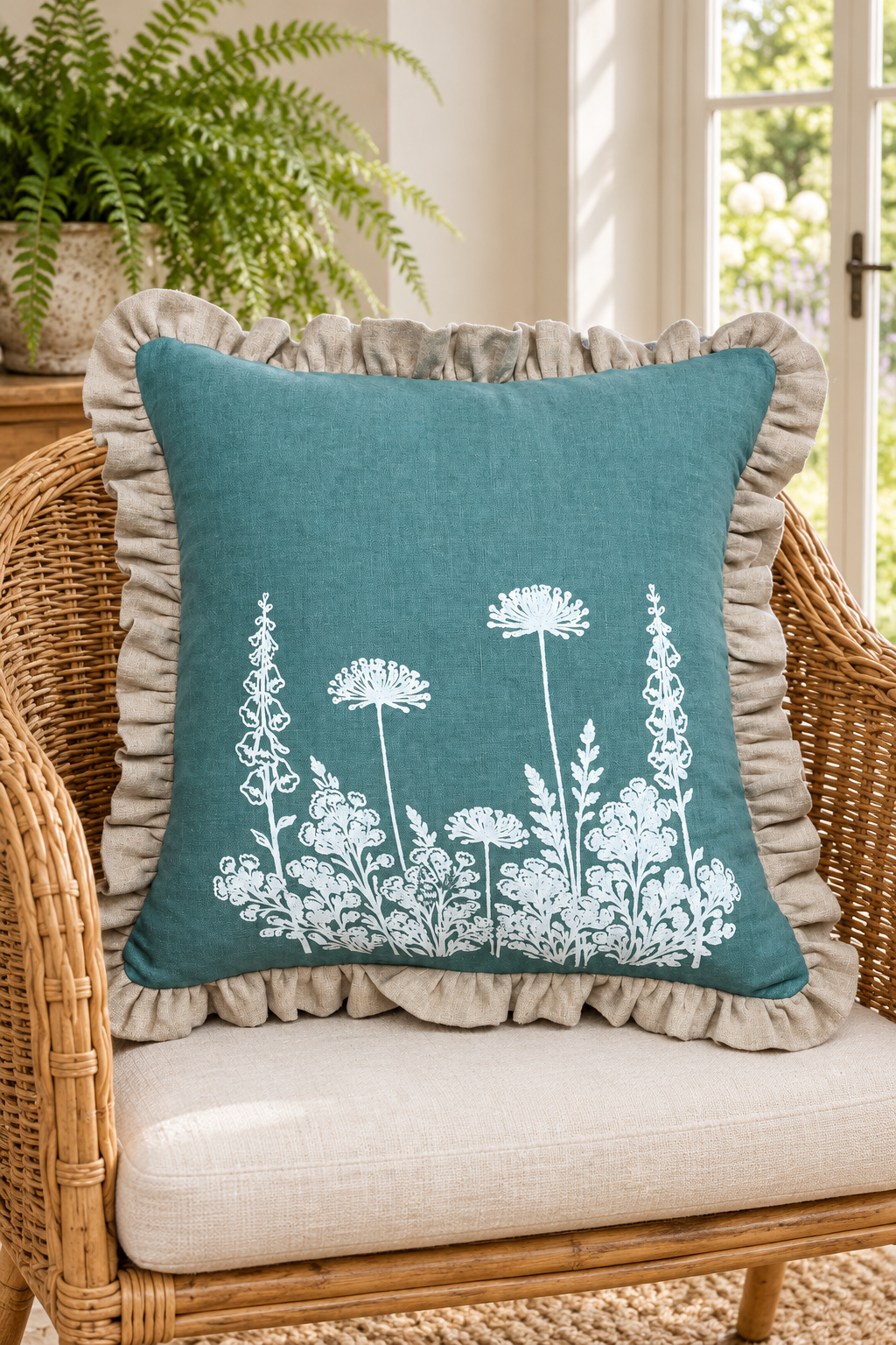 Square duck egg linen cushion with white flowers and a large natural frill resting on a wicker chair.