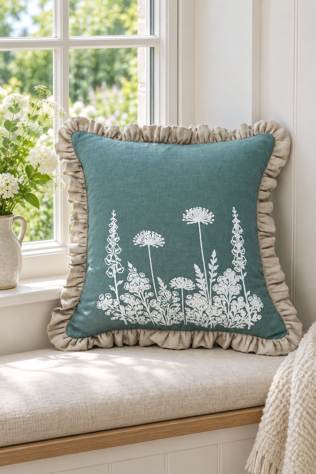 Square Florilegium duck egg cushion with natural ruffled edging on a bright cottage window seat.