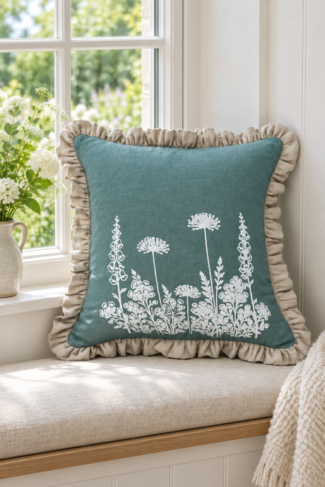Square Florilegium duck egg cushion with natural ruffled edging on a bright cottage window seat.