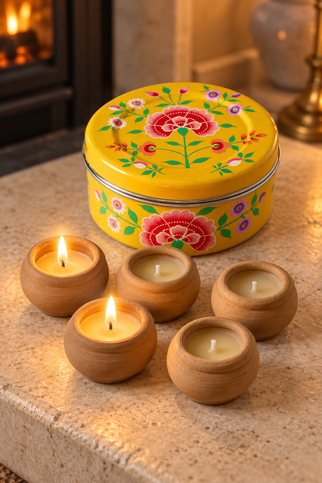 Gift set containing five hand-poured beeswax-blend candles in handmade terracotta pots and one reusable yellow stainless steel tin. The round tin is hand-painted in Kashmir with multicoloured floral decoration.