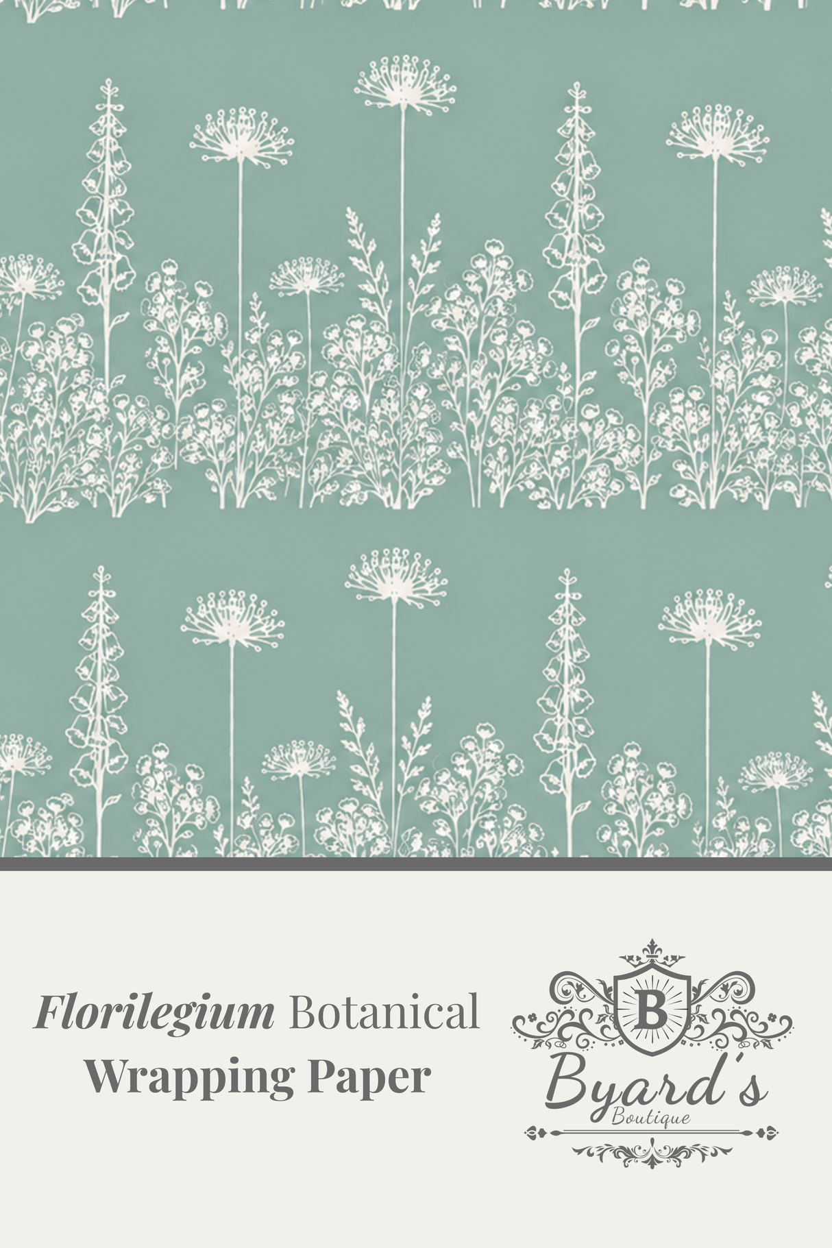 Botanical floral wrapping paper design with a sage green background and white  wildflower pattern. 
'Florilegium Botanical Wrapping Paper' and the Byard's brand mark.