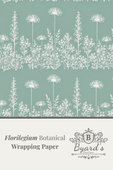 Botanical floral wrapping paper design with a sage green background and white  wildflower pattern. 
'Florilegium Botanical Wrapping Paper' and the Byard's brand mark.