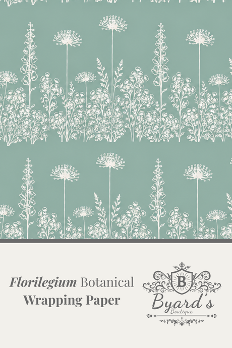 Botanical floral wrapping paper design with a sage green background and white  wildflower pattern. 
'Florilegium Botanical Wrapping Paper' and the Byard's brand mark.