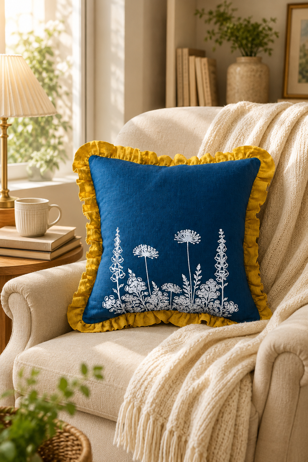 Decorative pillow with floral design on a beige armchair in a cozy living room. Florilegium Blue Ruffle Linen Cushion Cover – 55cm x 55cm