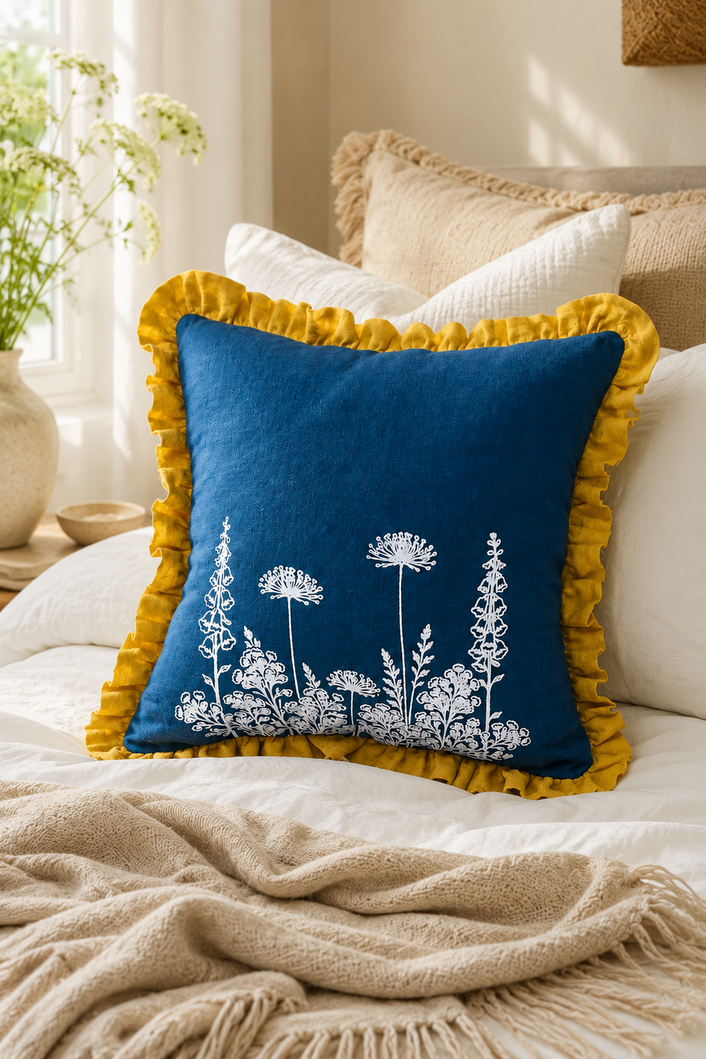 Florilegium Blue Ruffle Linen Cushion Cover – 55cm x 55cm