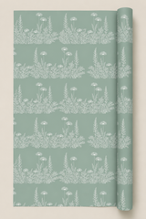 Florilegium Botanical Wrapping Paper duck egg green with white floral detail.