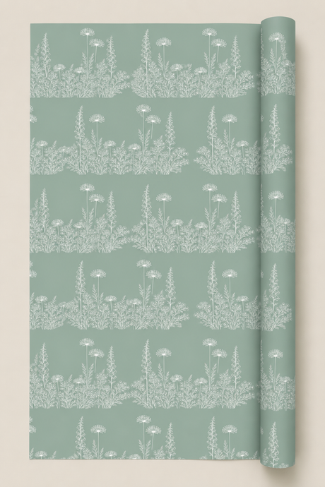 Florilegium Botanical Wrapping Paper duck egg green with white floral detail.