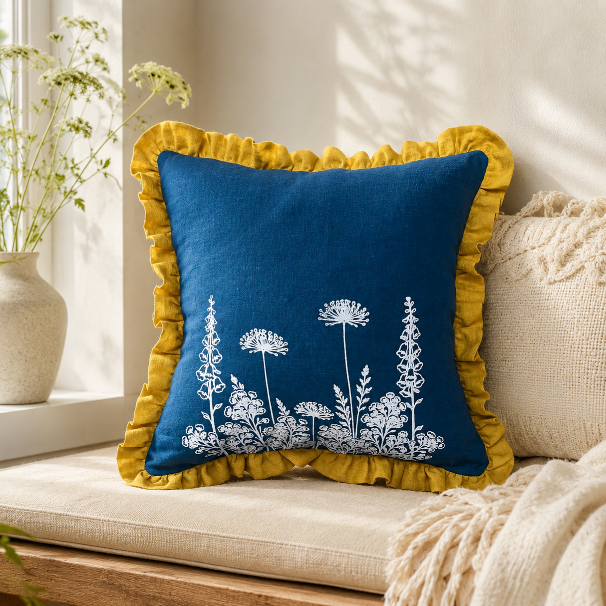 Florilegium blue linen cushion cover with white botanical print and mustard ruffle edge styled on a window seat.