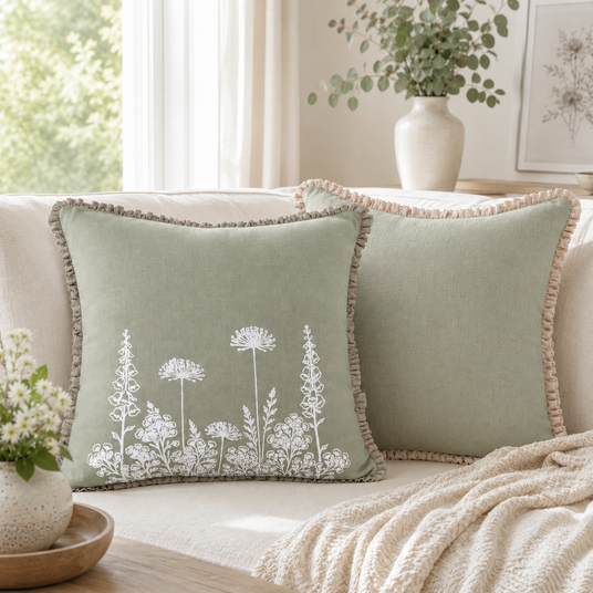 Florilegium sage linen cushion cover with white botanical print and natural ruffle edge styled on a neutral sofa.