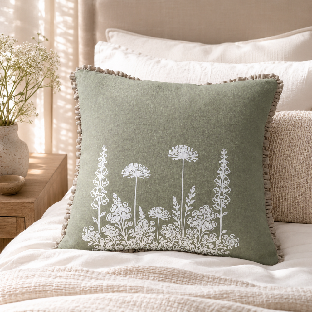 Florilegium sage linen cushion cover with white botanical print and ruffle edge styled on a bed.