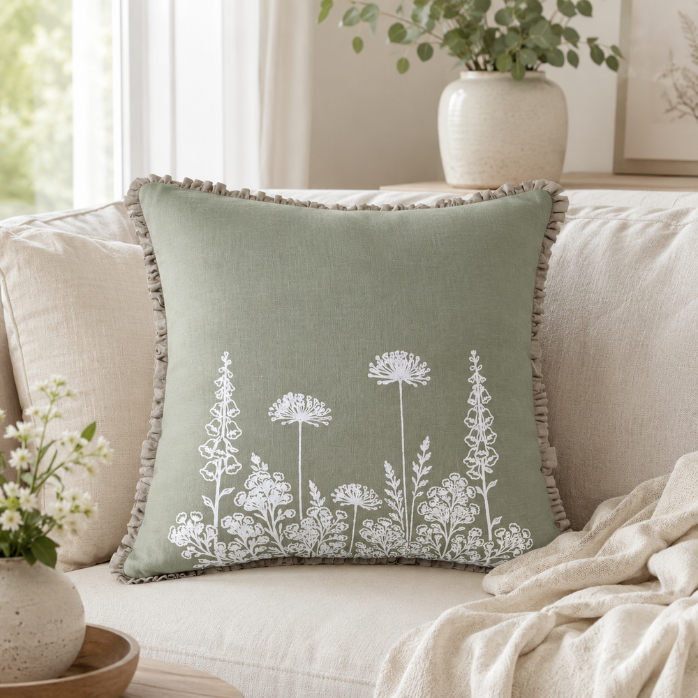 Florilegium sage linen cushion cover with white botanical print and ruffle edge styled on a sofa.