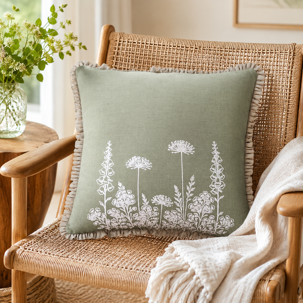 Florilegium sage linen cushion cover with white botanical print and ruffle edge styled on a wicker chair.