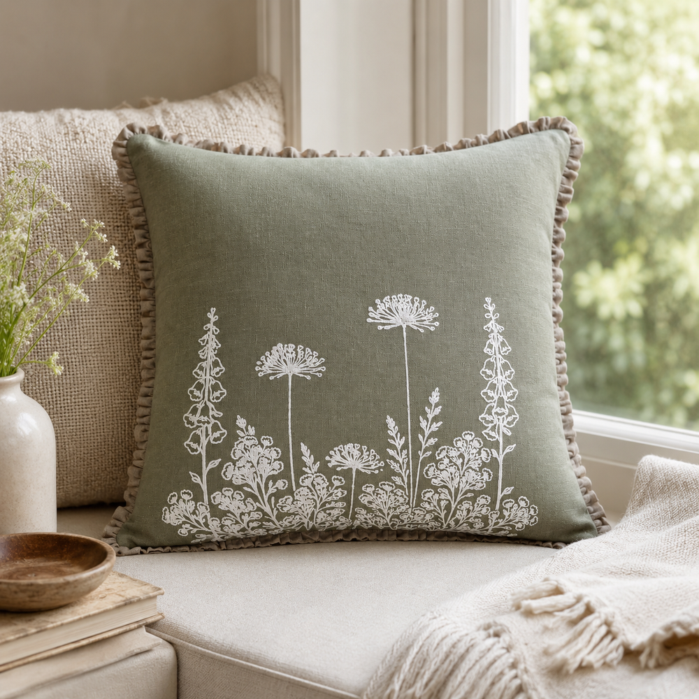 Florilegium sage linen cushion cover with white botanical print and ruffle edge styled on a window seat.