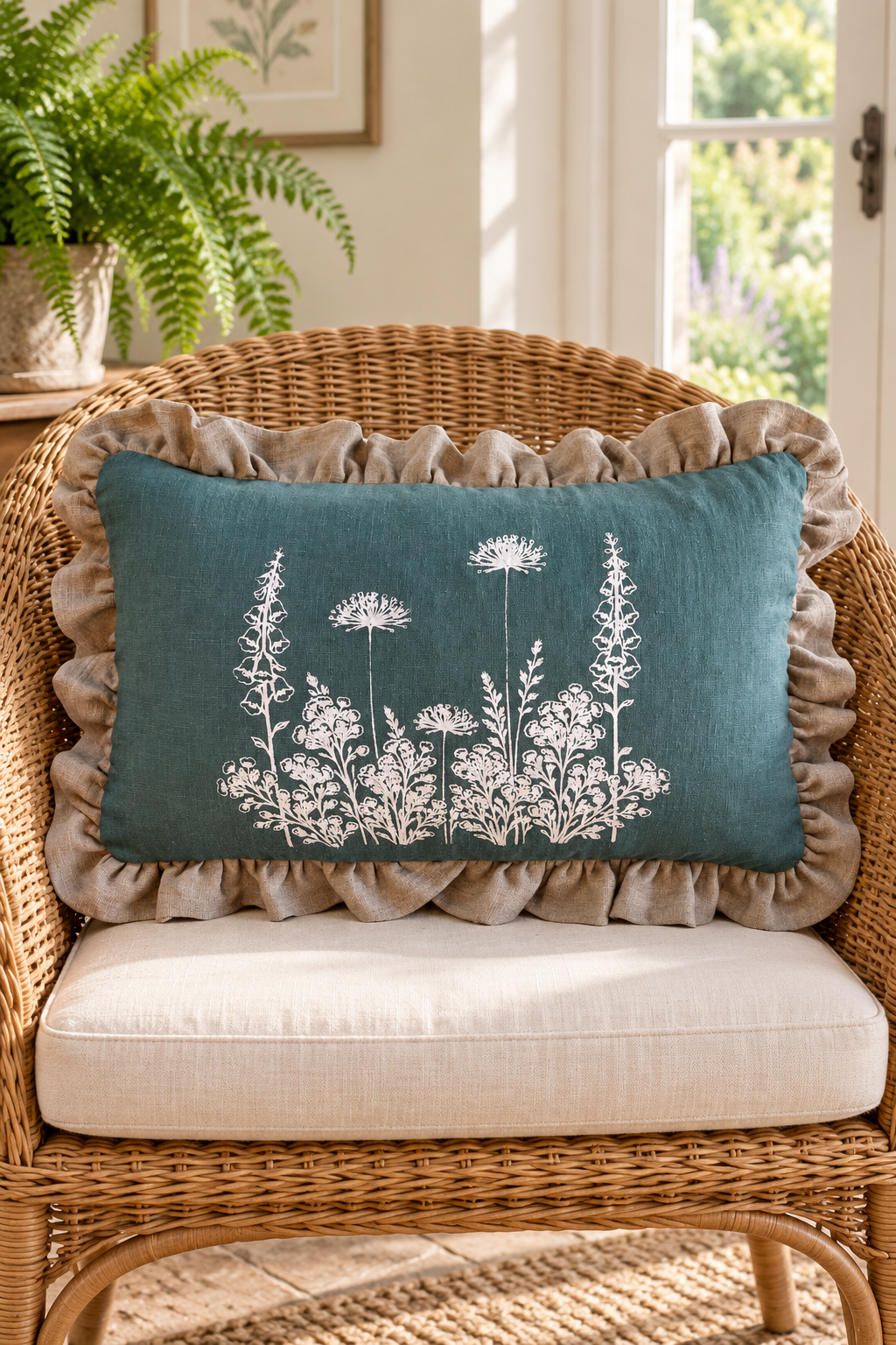 Rectangular duck egg cushion with white botanical print and natural linen frill on a wicker armchair.