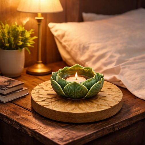 Collage of a decorative candle holder shaped like an artichoke on a wooden base in various settings.