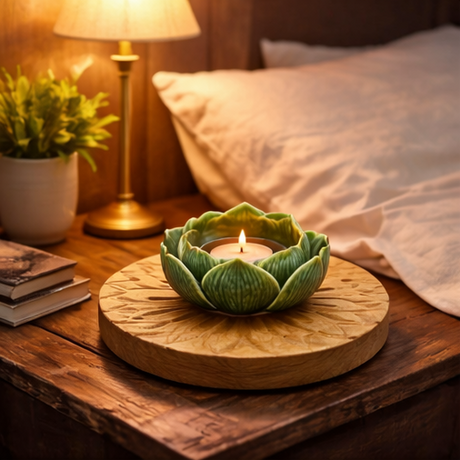 Collage of a decorative candle holder shaped like an artichoke on a wooden base in various settings.