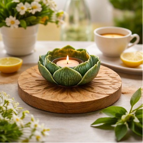 Collage of a decorative candle holder shaped like an artichoke on a wooden base in various settings.