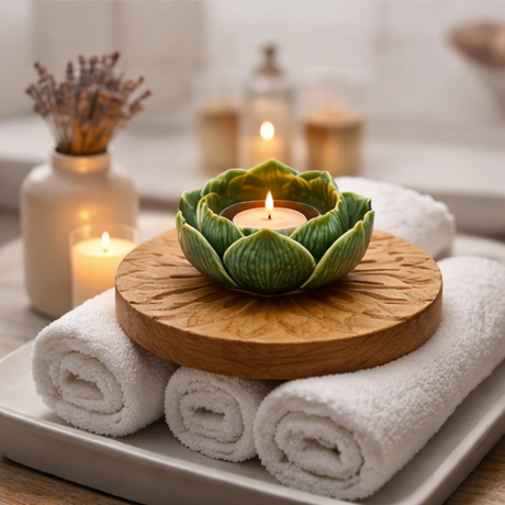 Collage of a decorative candle holder shaped like an artichoke on a wooden base in various settings.