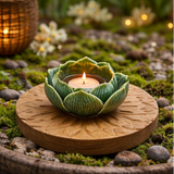 Collage of a decorative candle holder shaped like an artichoke on a wooden base in various settings.