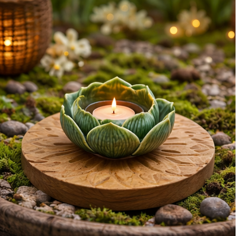 Collage of a decorative candle holder shaped like an artichoke on a wooden base in various settings.