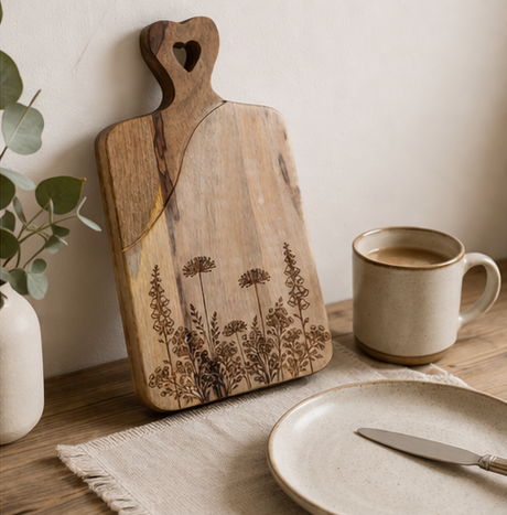 Wooden cutting board with engraved plant designs, used for cheese and crackers display.