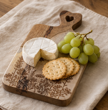 Wooden cutting board with engraved plant designs, used for cheese and crackers display.
