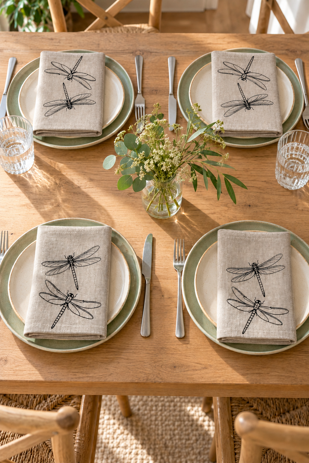Four place settings on a wooden dining table, each with a beige linen napkin featuring a black dragonfly print, layered over green-rimmed white plates, with silver cutlery and a small greenery centerpiece.